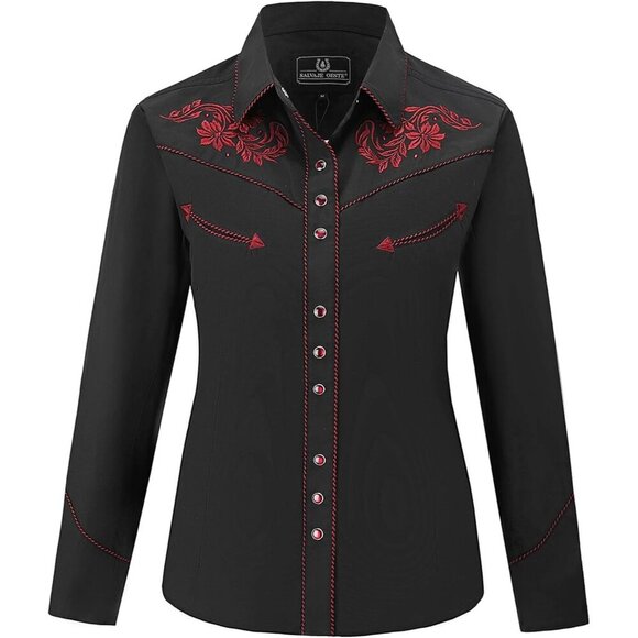 Tops - Women's Black Red Embroidered Western Cowgirl Slim Button Down Long Sleeve Shirt